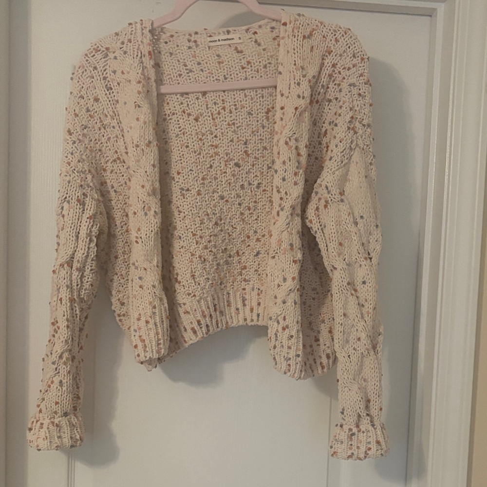 moon & madison Cream Open-Knit Speckled Cropped Cardigan